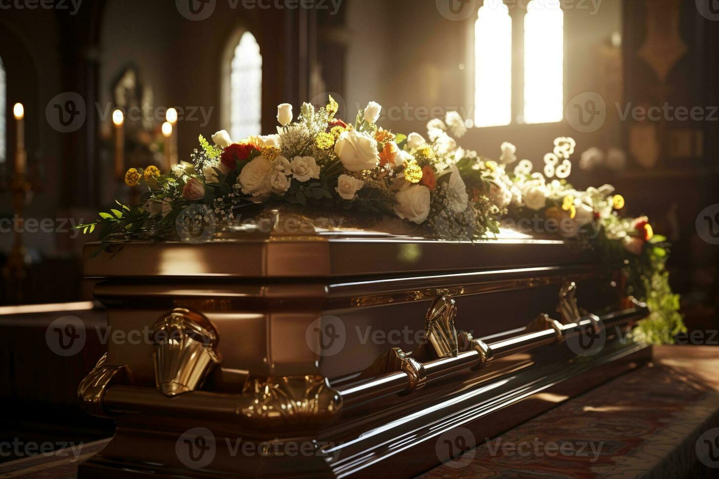 Beautiful flowers in a coffin at a funeral AI generated photo