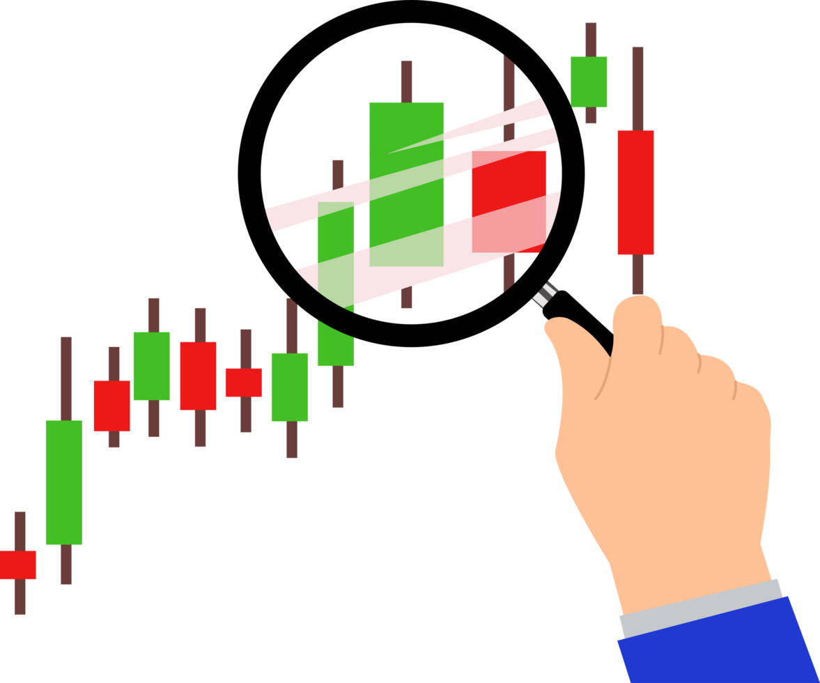 Trader analytics concept. candle stick trading chart and a human hand holding a magnifying glass. trade concept png