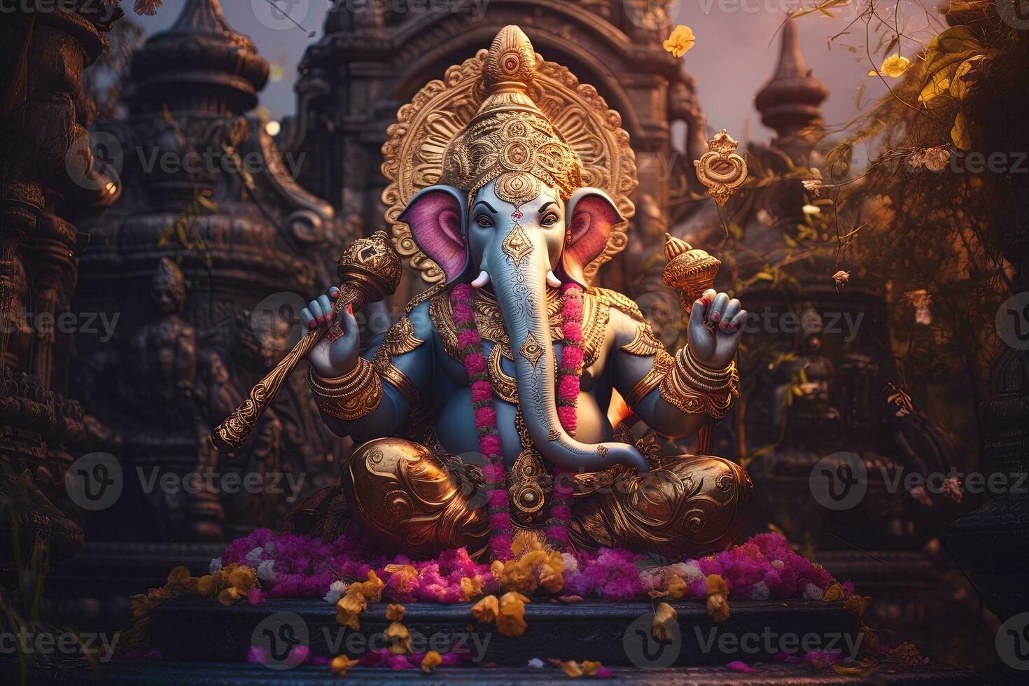 Hindu God Ganesha with flowers AI generated photo