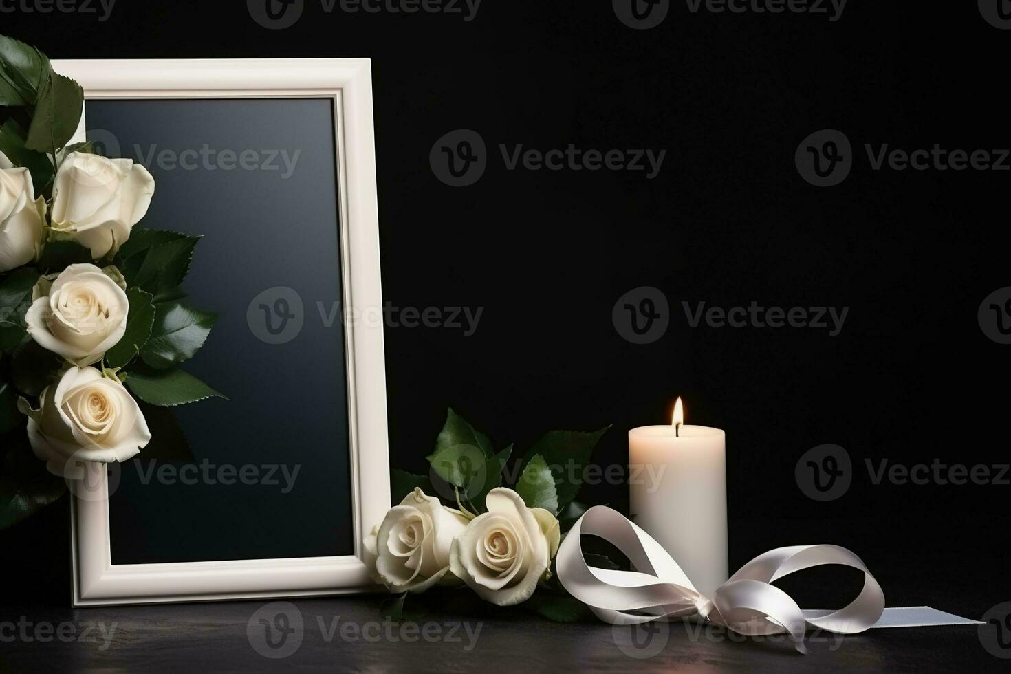 White roses with ribbon and photo frame on black background.Funeral Concept AI generated