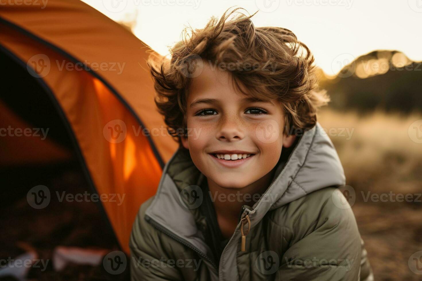 Portrait of a cute boy looking at camera while near his tent in nature AI generated photo