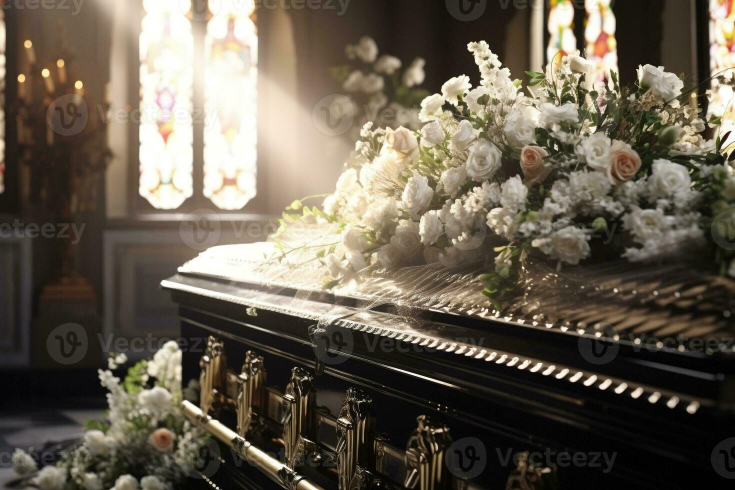 closeup shot of a casket in a hearse or chapel before funeral or burial at cemetery AI generated photo