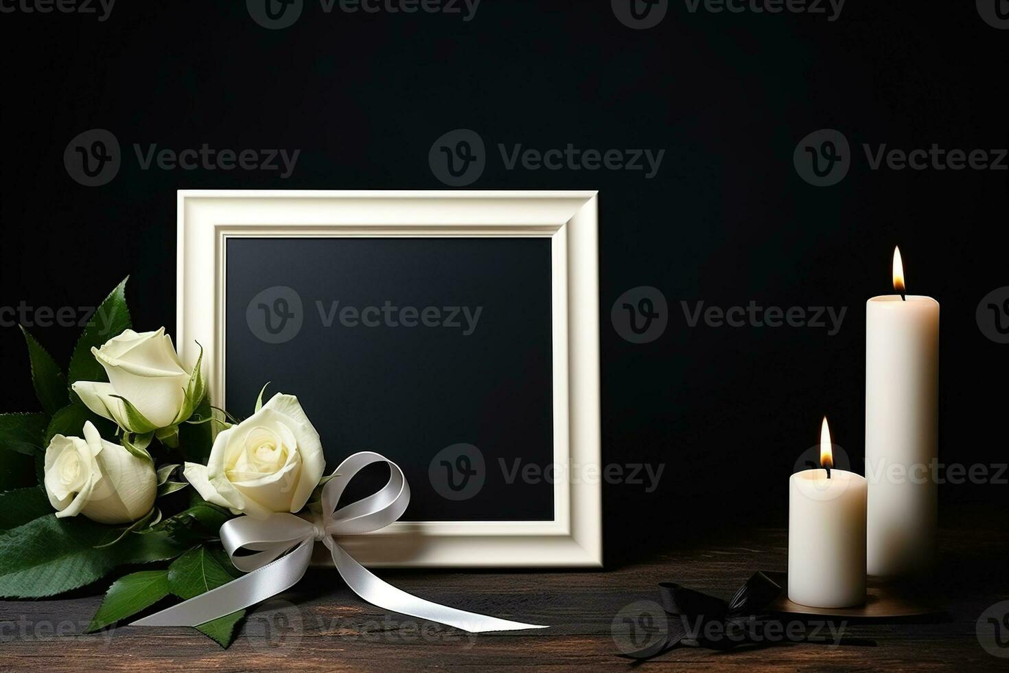 White roses with ribbon and photo frame on black background.Funeral Concept AI generated