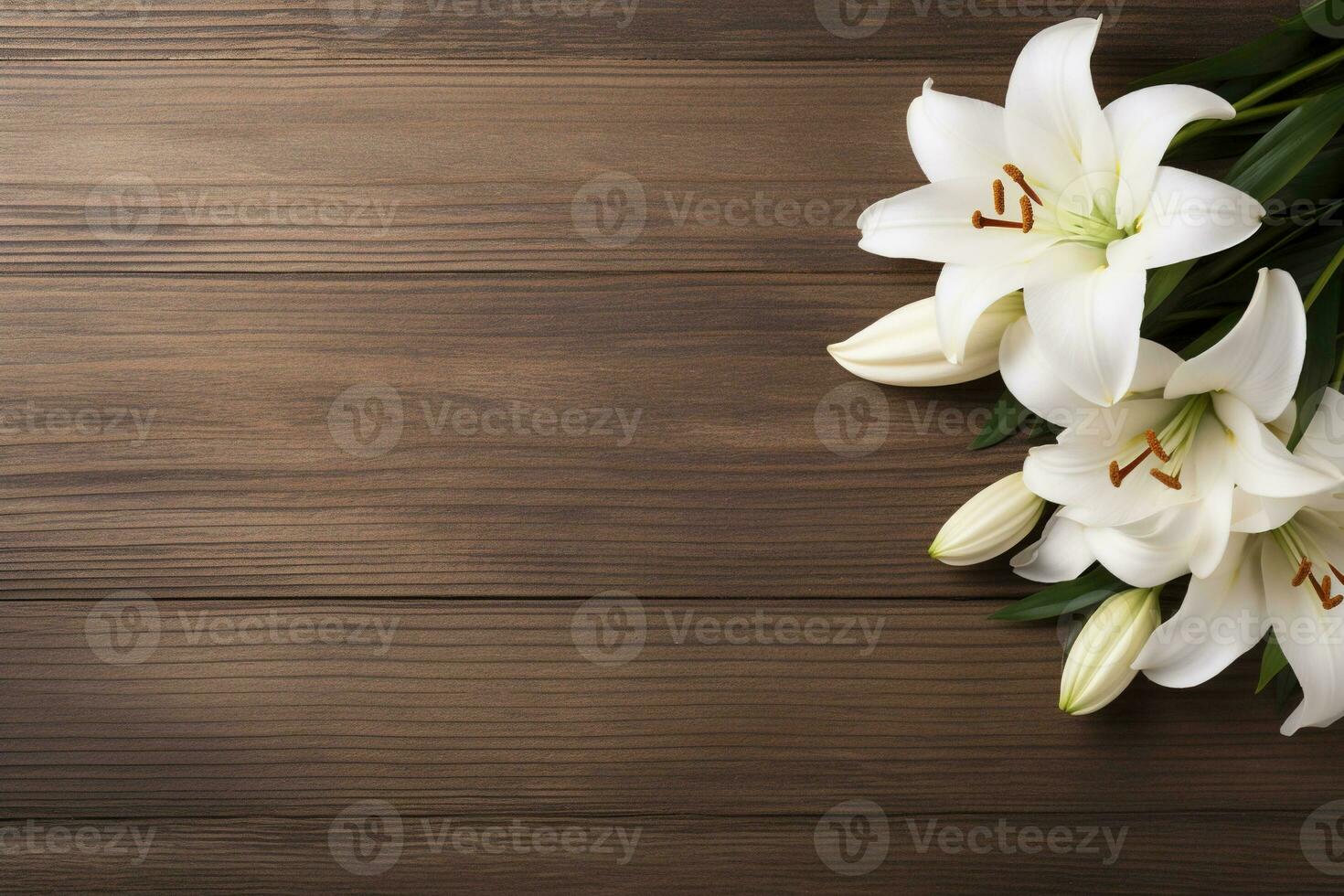 White lily flowers on wooden background. Top view with copy space.Funeral Concept AI generated photo