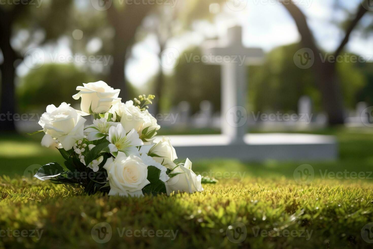 white flowers in front of a gravestone at a cemetery with sunset.Funeral Concept AI generated photo