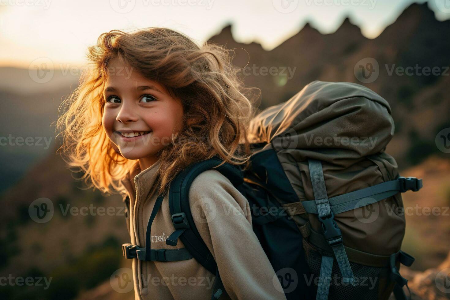 little girl with backpack hiking on mountain peak at sunset, travel and adventure concept AI generated photo