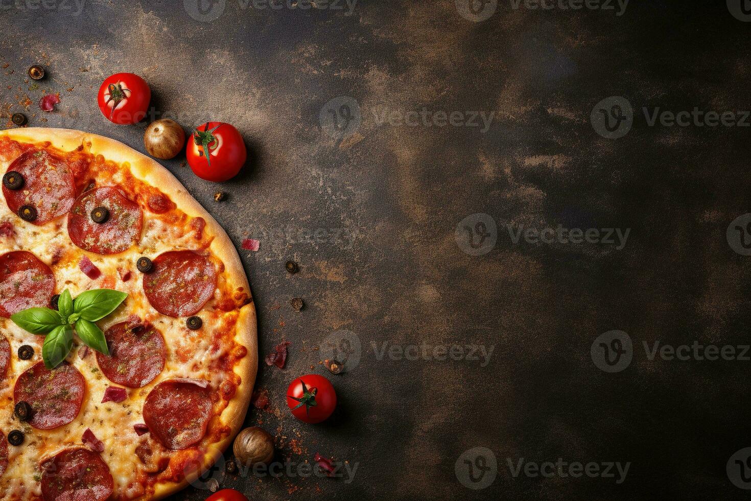 Pepperoni pizza on a Dark background. Top view with copy space. AI generated photo