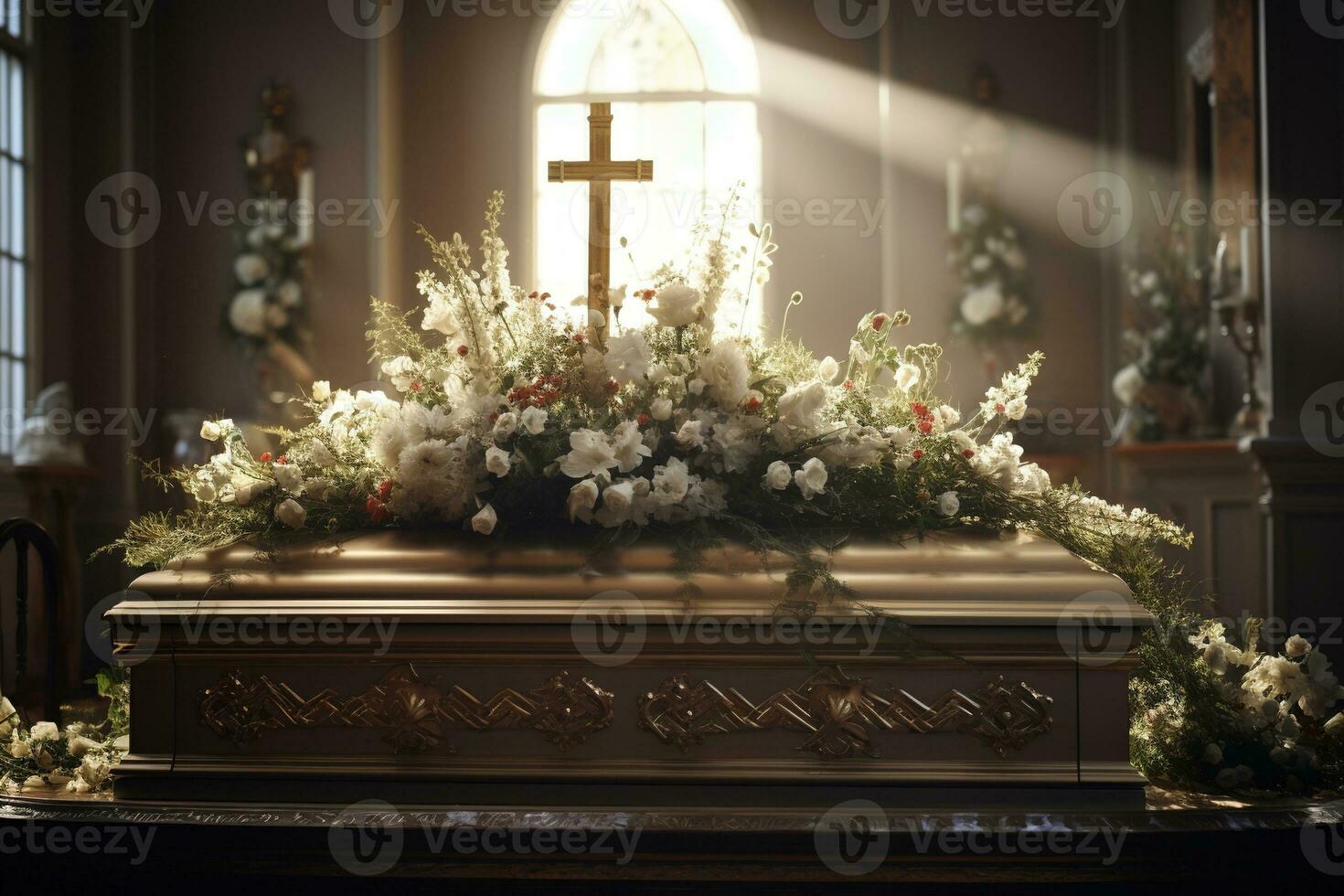 Beautiful flowers in a coffin at a funeral AI generated photo