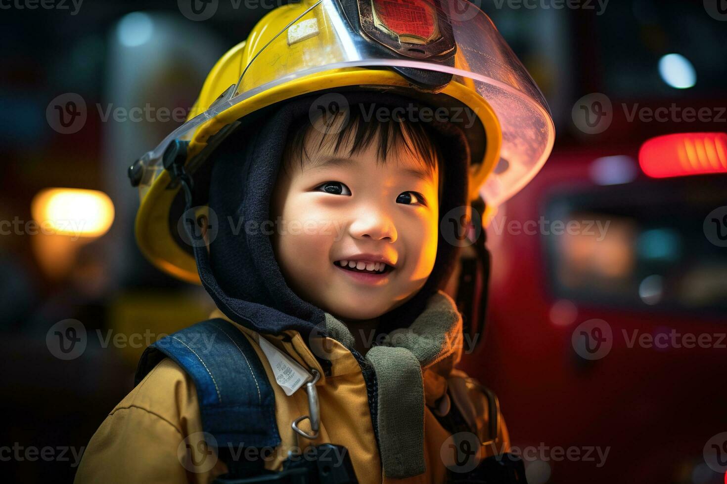 Portrait of cute little boy wearing firefighter uniform in the fire department AI generated photo