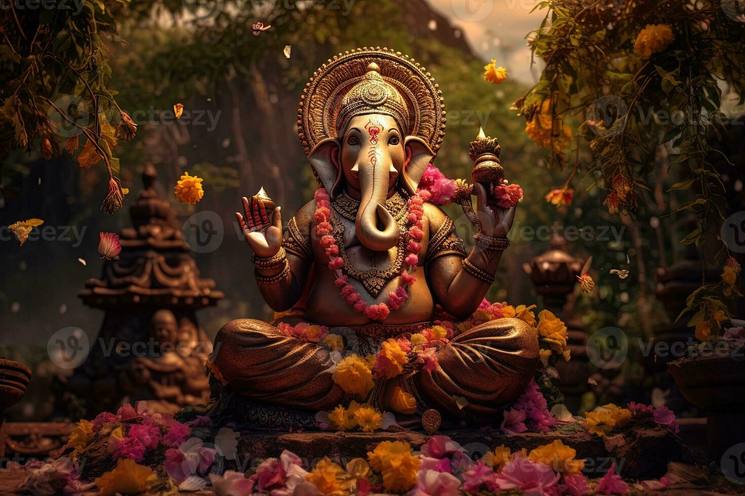 Hindu God Ganesha with flowers AI generated photo