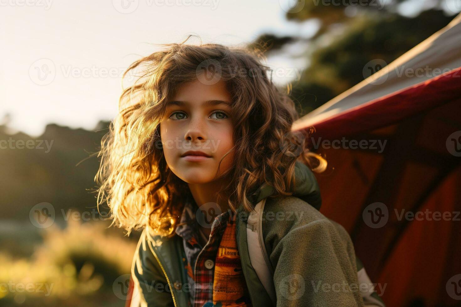 Portrait of cute little girl at camera while standing near camping tent at sunset AI generated photo