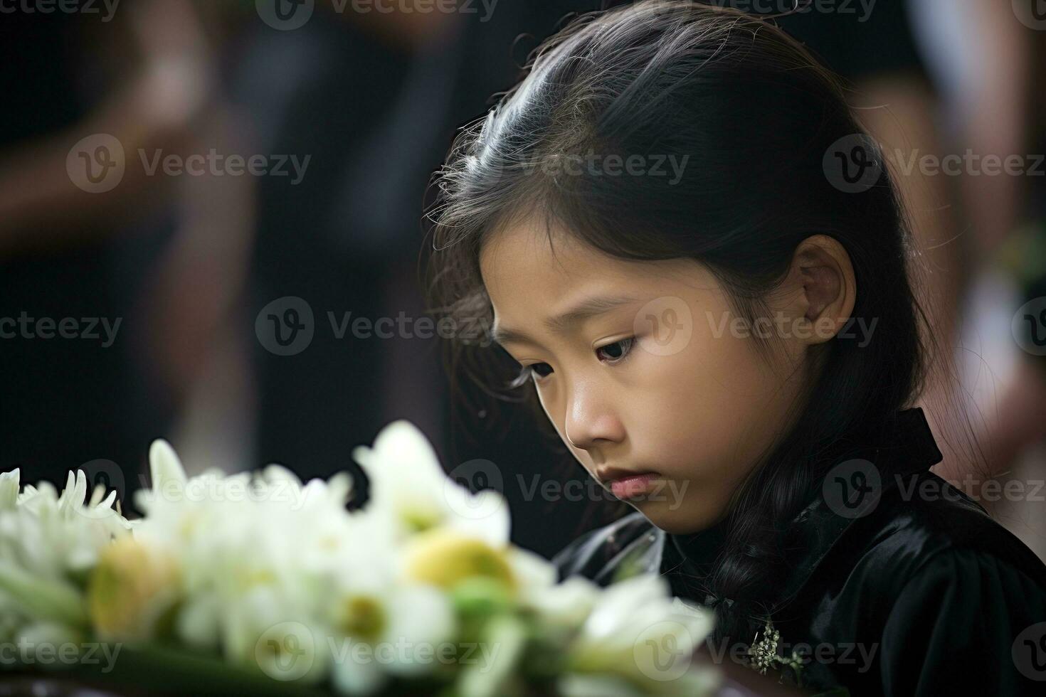 Portrait of a little asian girl with in the cemetery,Funeral Concept AI generated photo