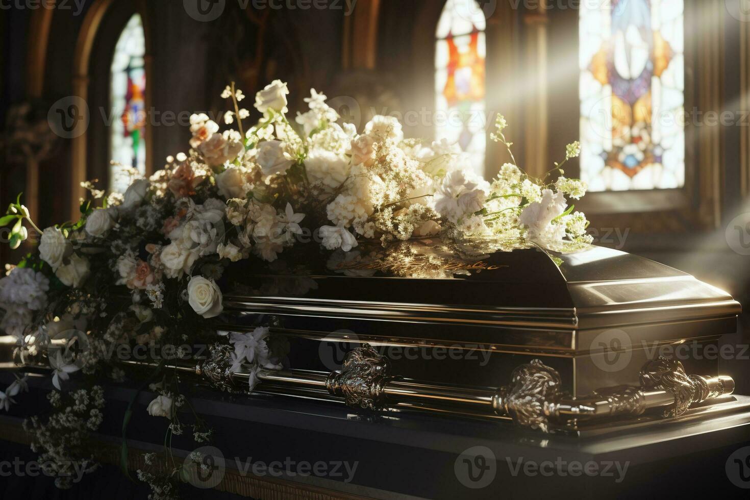closeup shot of a casket in a hearse or chapel before funeral or burial at cemetery AI generated photo