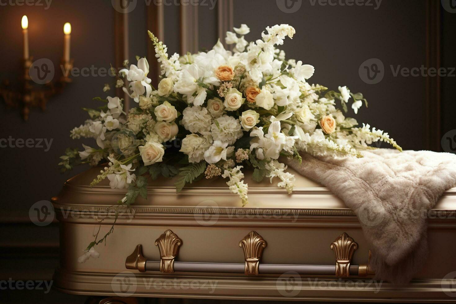 White coffin with flowers. The concept of funeral. AI generated photo