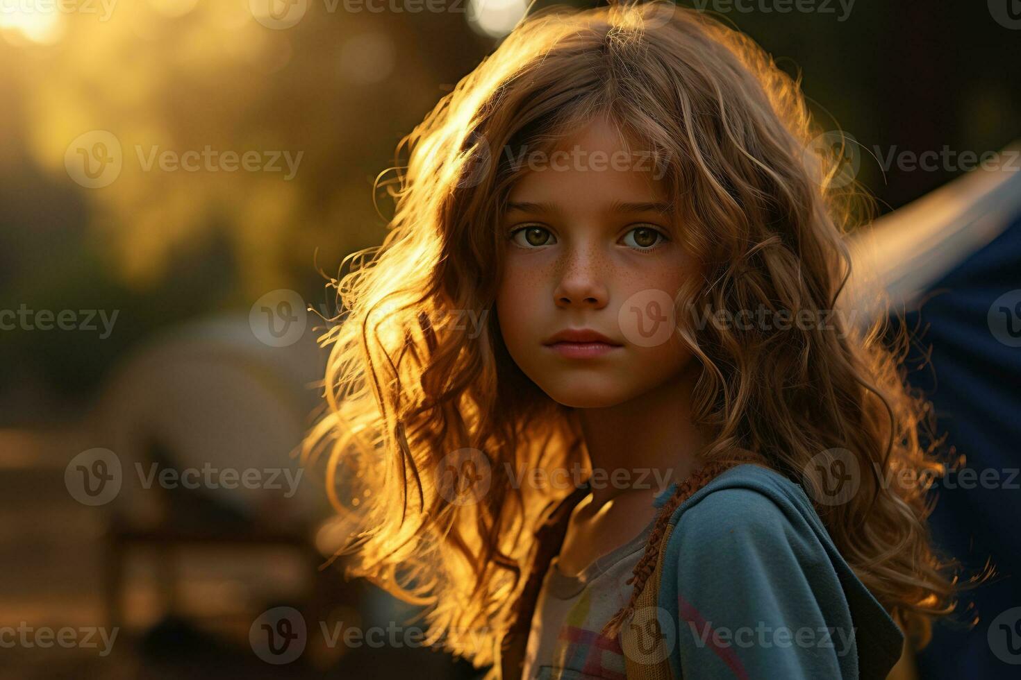Portrait of cute little girl at camera while standing near camping tent at sunset AI generated photo