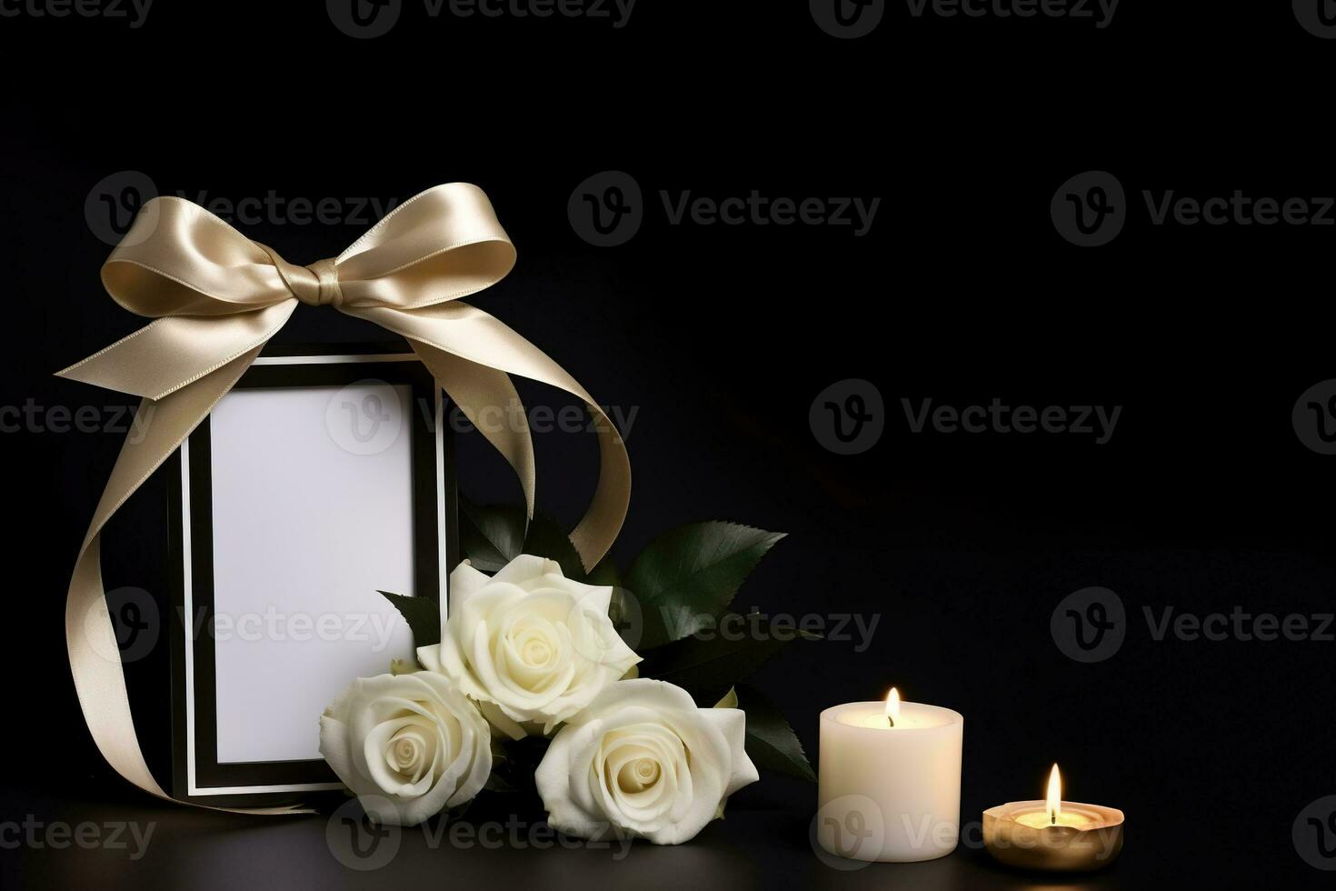 White roses with ribbon and photo frame on black background.Funeral Concept AI generated