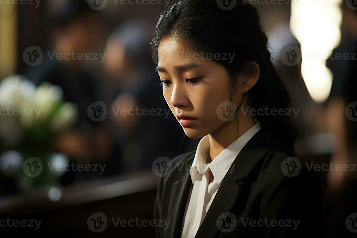 Portrait of a little asian girl with in the cemetery,Funeral Concept AI generated photo