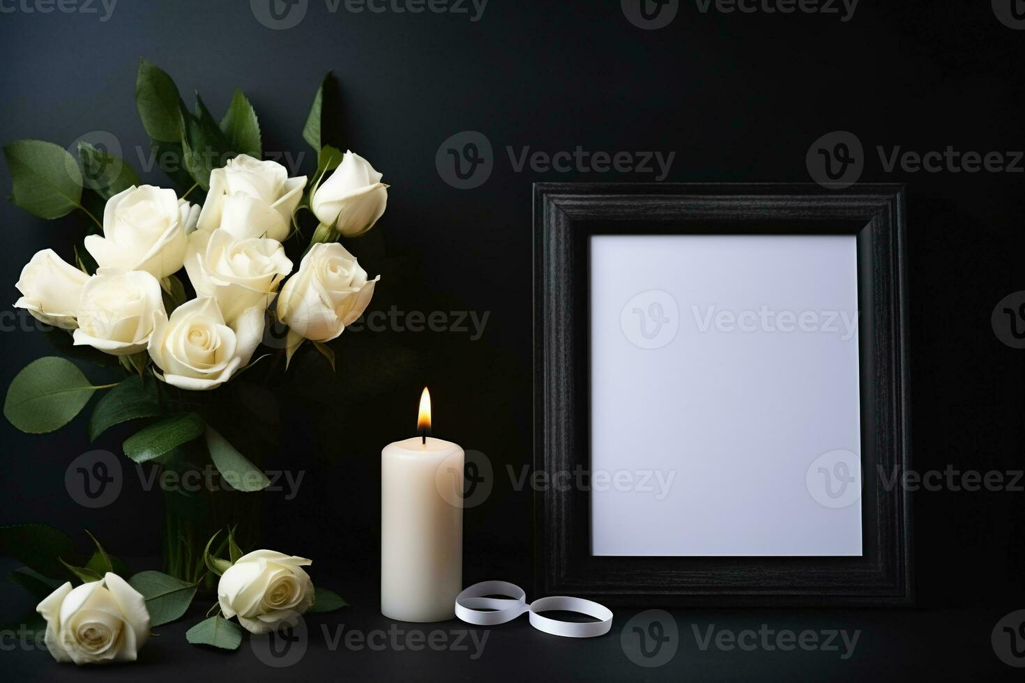 White roses with ribbon and photo frame on black background.Funeral Concept AI generated