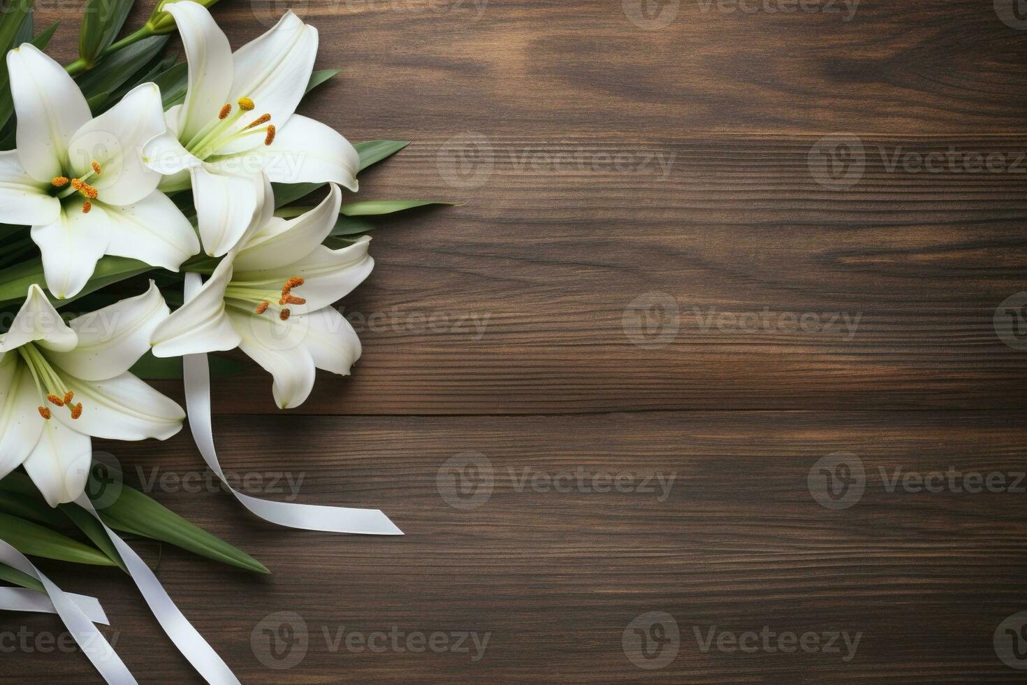 White lily flowers on wooden background. Top view with copy space.Funeral Concept AI generated photo