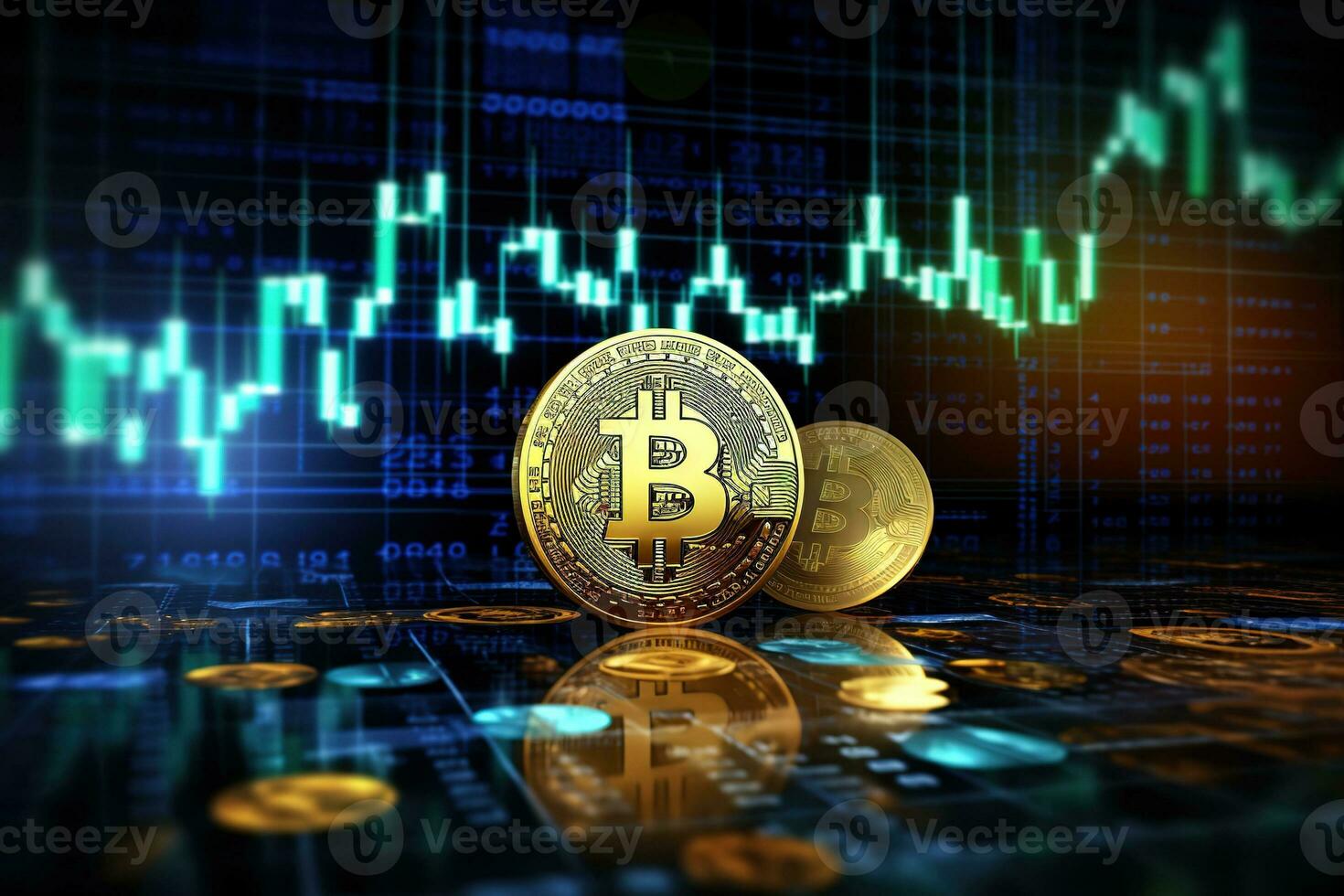 Golden Bitcoin on the background of the stock market chart. Cryptocurrency concept. AI generated photo