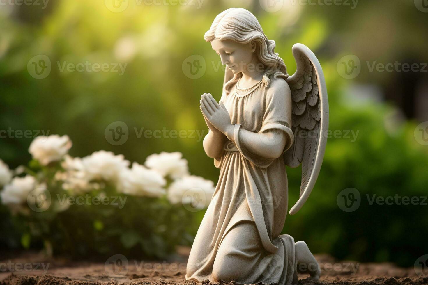 ange statue avec blanc des roses dans le cimetière.religieux Contexte ai  généré 33258455 Photo de stock chez Vecteezy