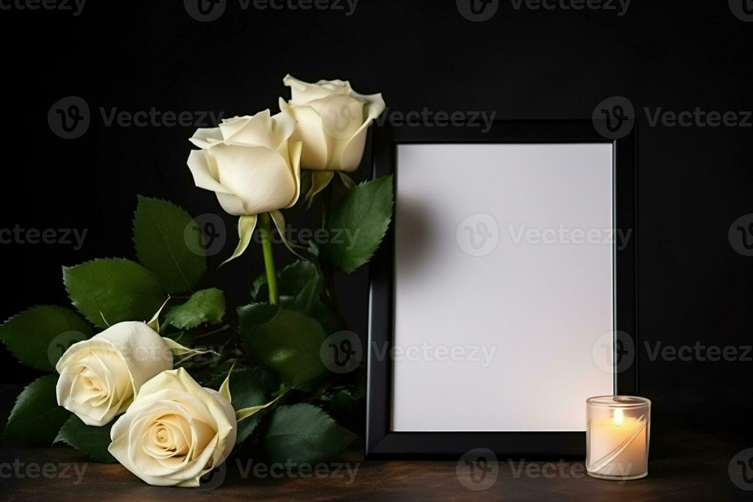 White roses with ribbon and photo frame on black background.Funeral Concept AI generated