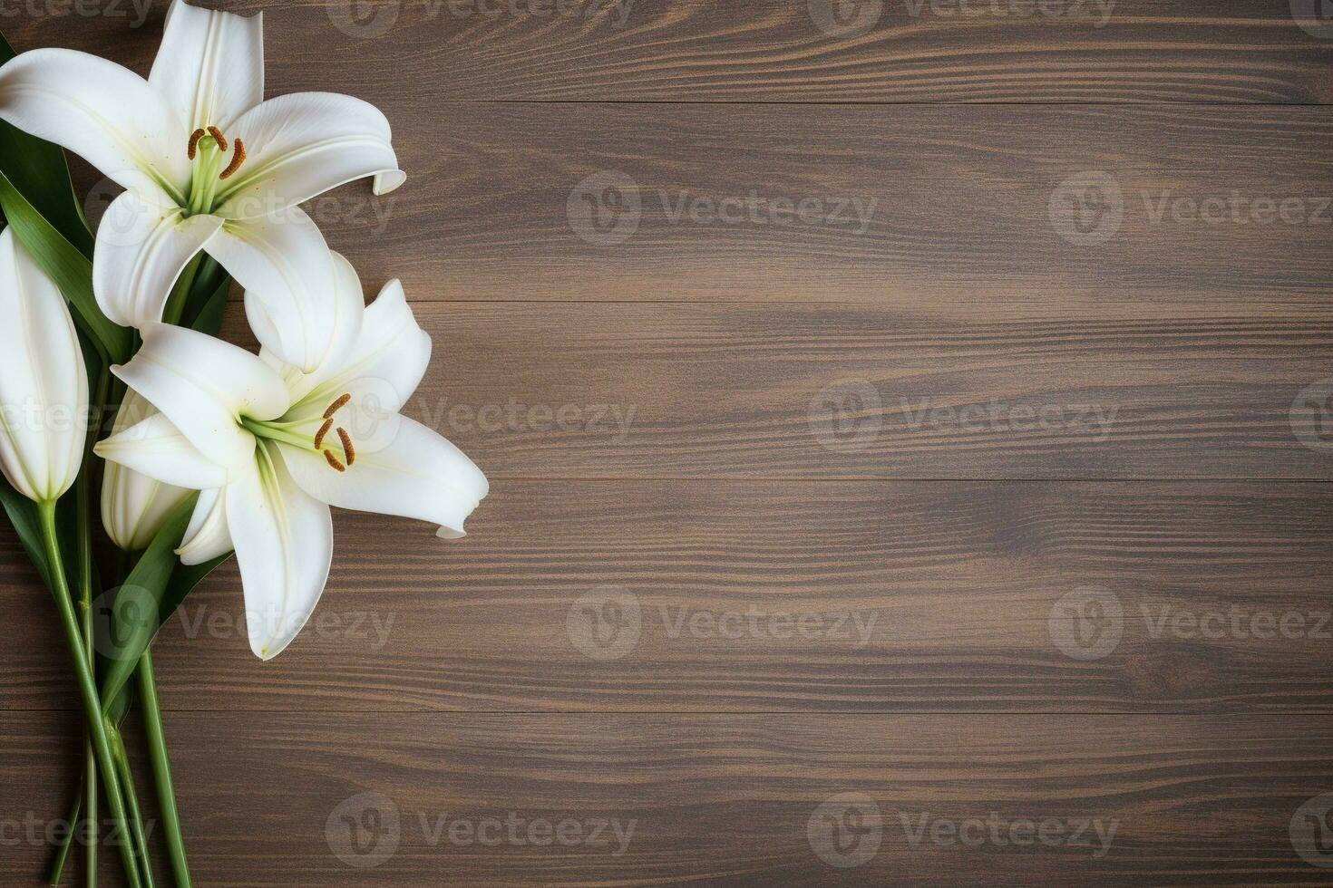 White lily flowers on wooden background. Top view with copy space.Funeral Concept AI generated photo