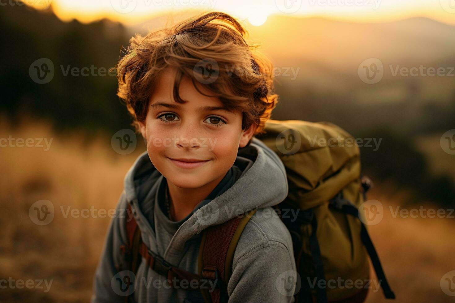 Portrait of a cute boy looking at camera while near his tent in nature AI generated photo