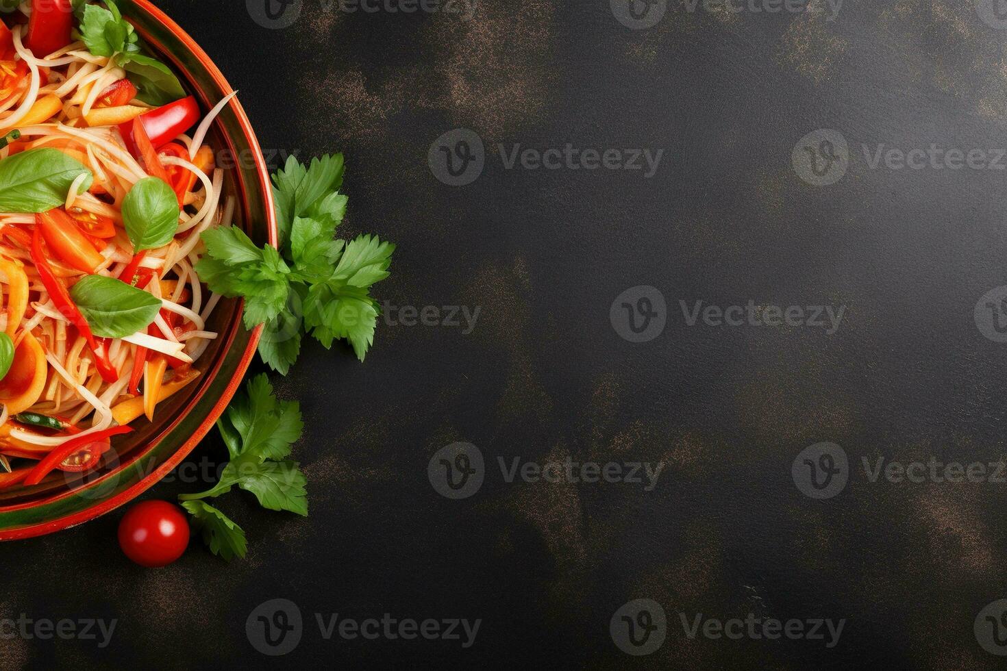 Thai food Som tum, Spicy green papaya salad.Top view AI generated photo