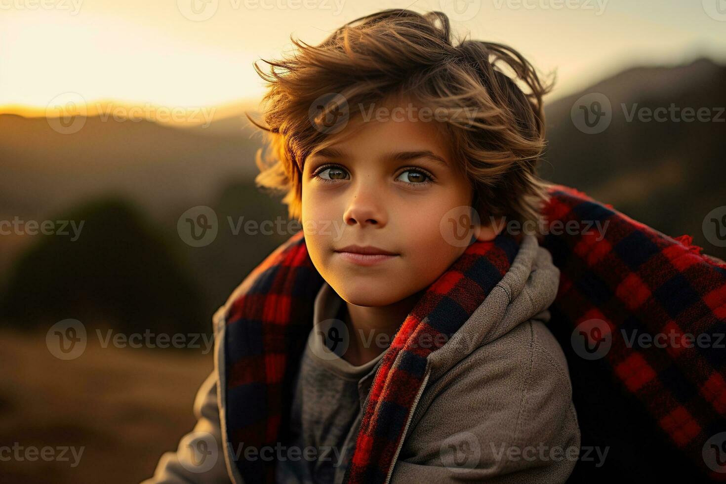 Portrait of a cute boy looking at camera while near his tent in nature AI generated photo