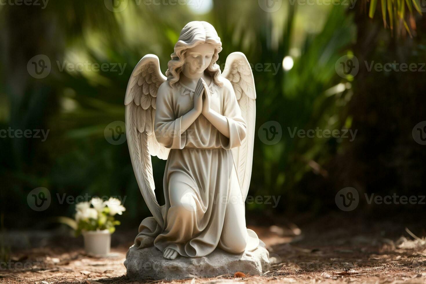 Angel statue with white roses in the cemetery.Religious background AI generated photo