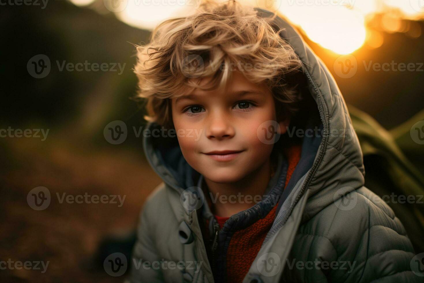 Portrait of a cute boy looking at camera while near his tent in nature AI generated photo