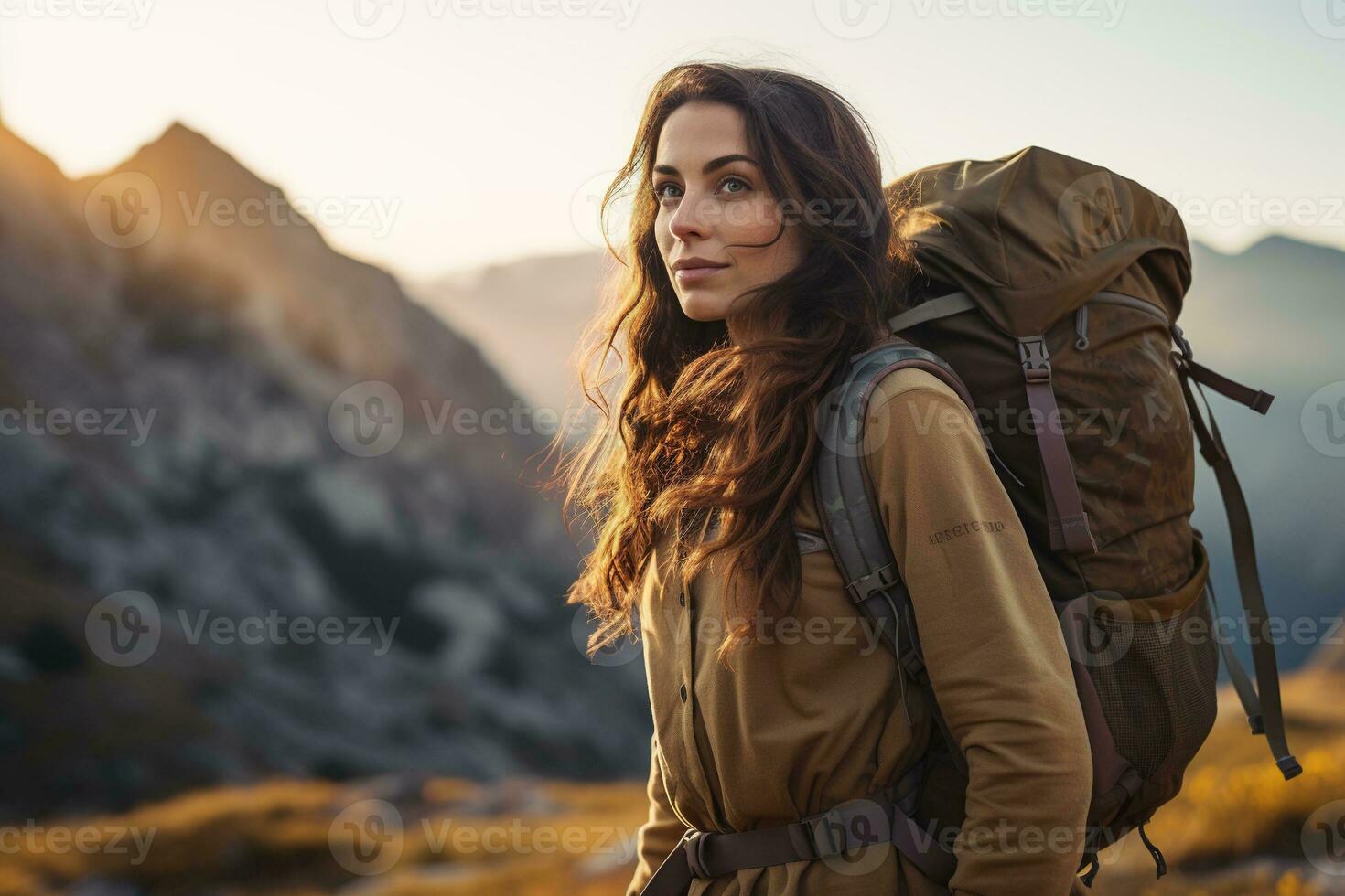 Beautiful woman hiker with backpack hiking in the mountains at sunset AI generated photo