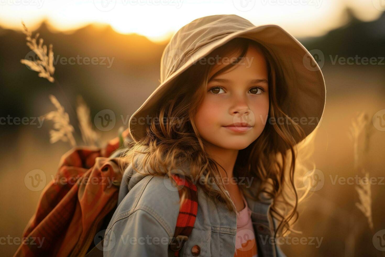 Portrait of cute little girl at camera while standing near camping tent at sunset AI generated photo