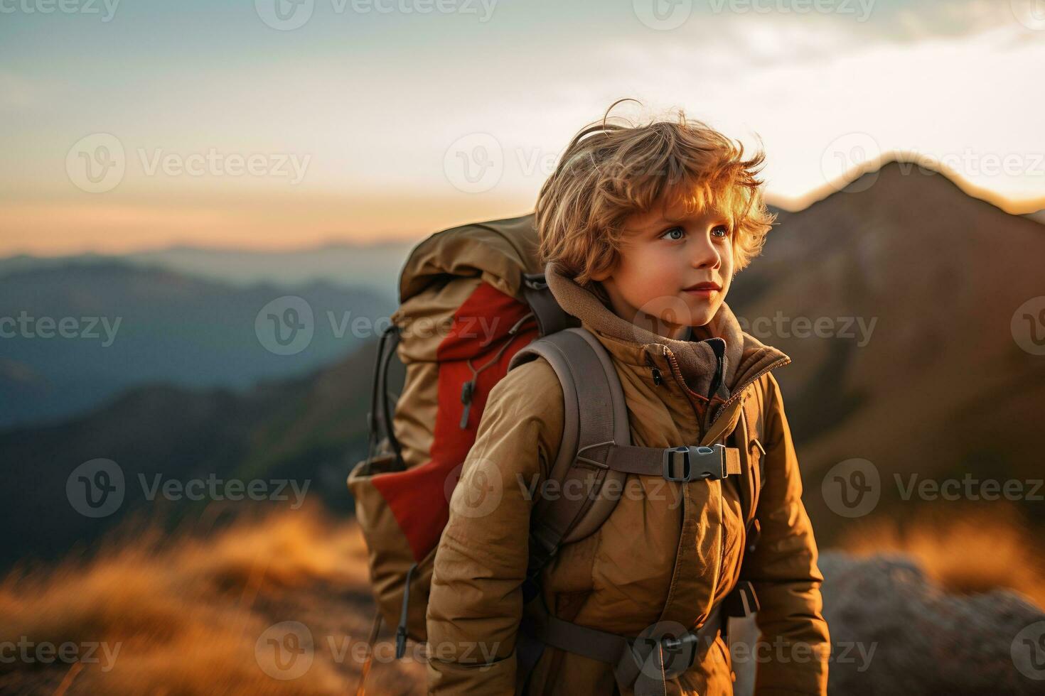 adorable pequeño chico con mochila excursionismo en montañas a puesta de sol. viaje y activo estilo de vida concepto ai generado foto