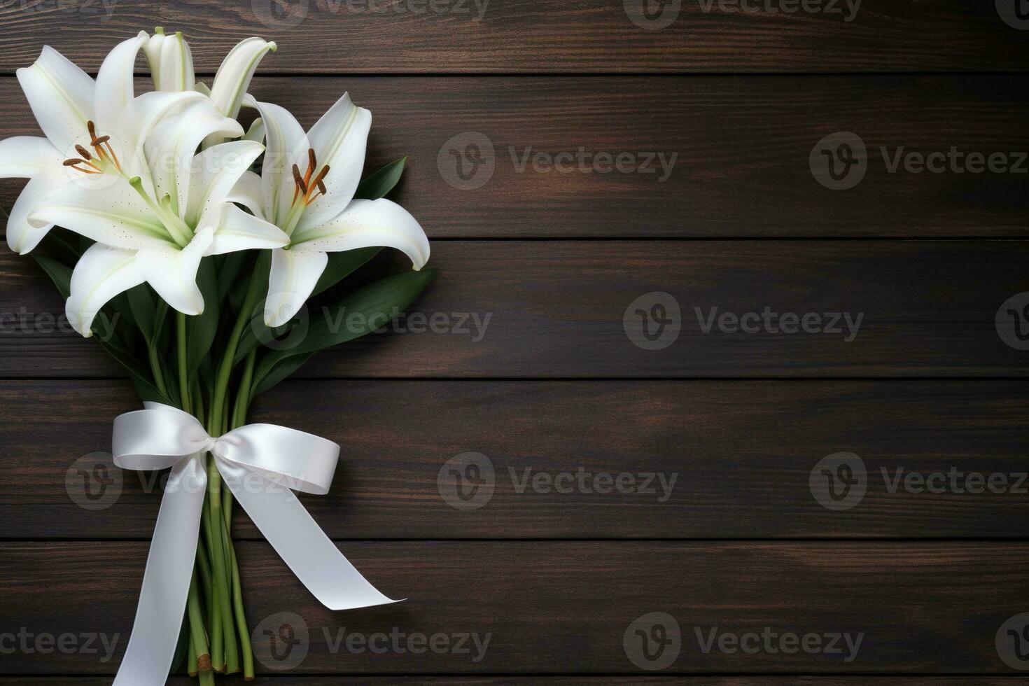 White lily flowers on wooden background. Top view with copy space.Funeral Concept AI generated photo