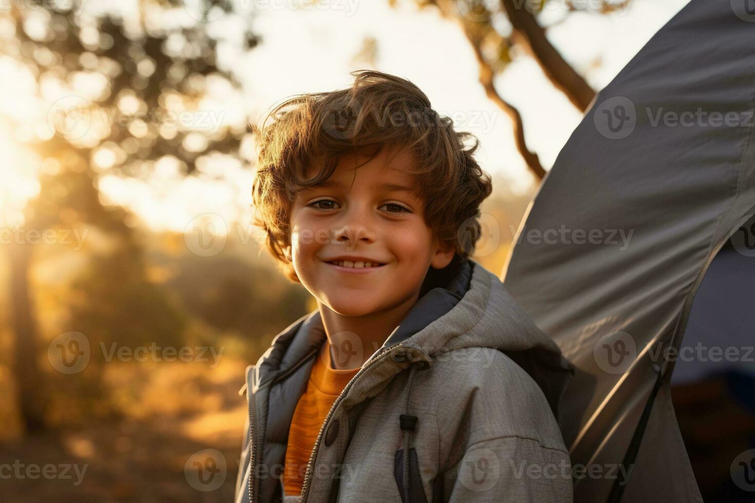 Portrait of a cute boy looking at camera while near his tent in nature AI generated photo