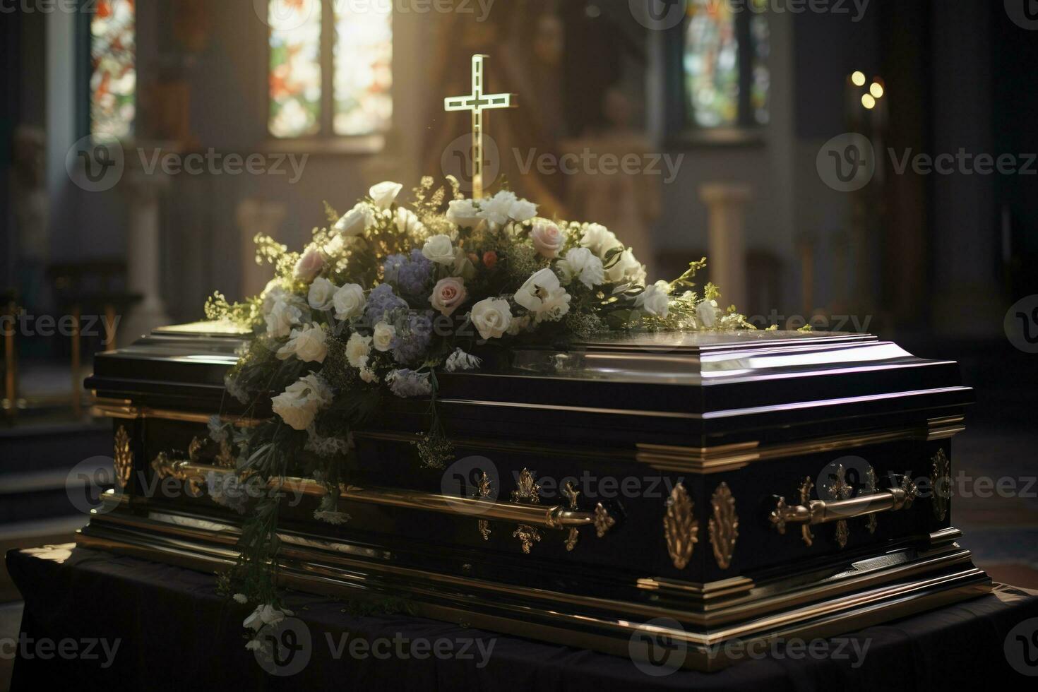 closeup shot of a casket in a hearse or chapel before funeral or burial at cemetery AI generated photo