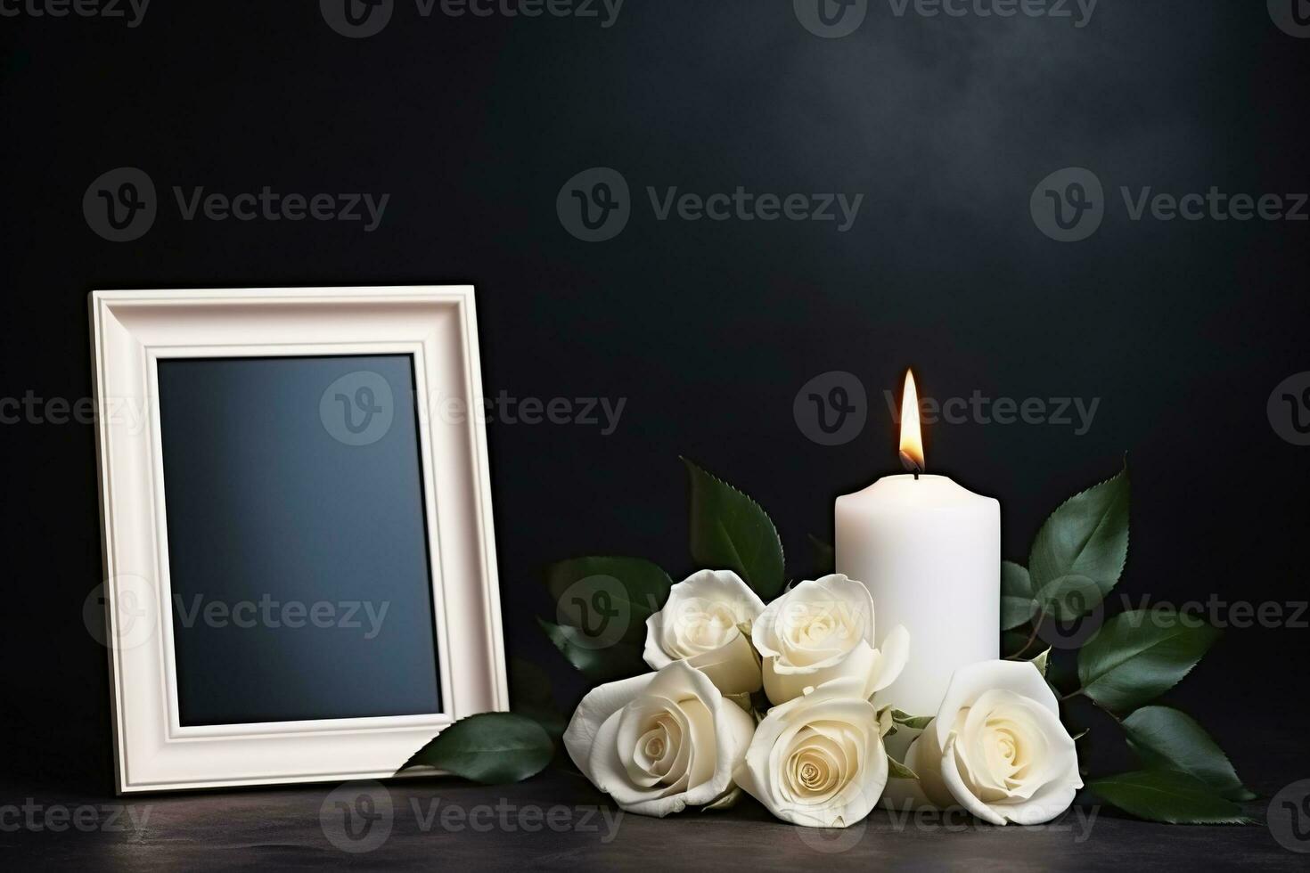 White roses with ribbon and photo frame on black background.Funeral Concept AI generated