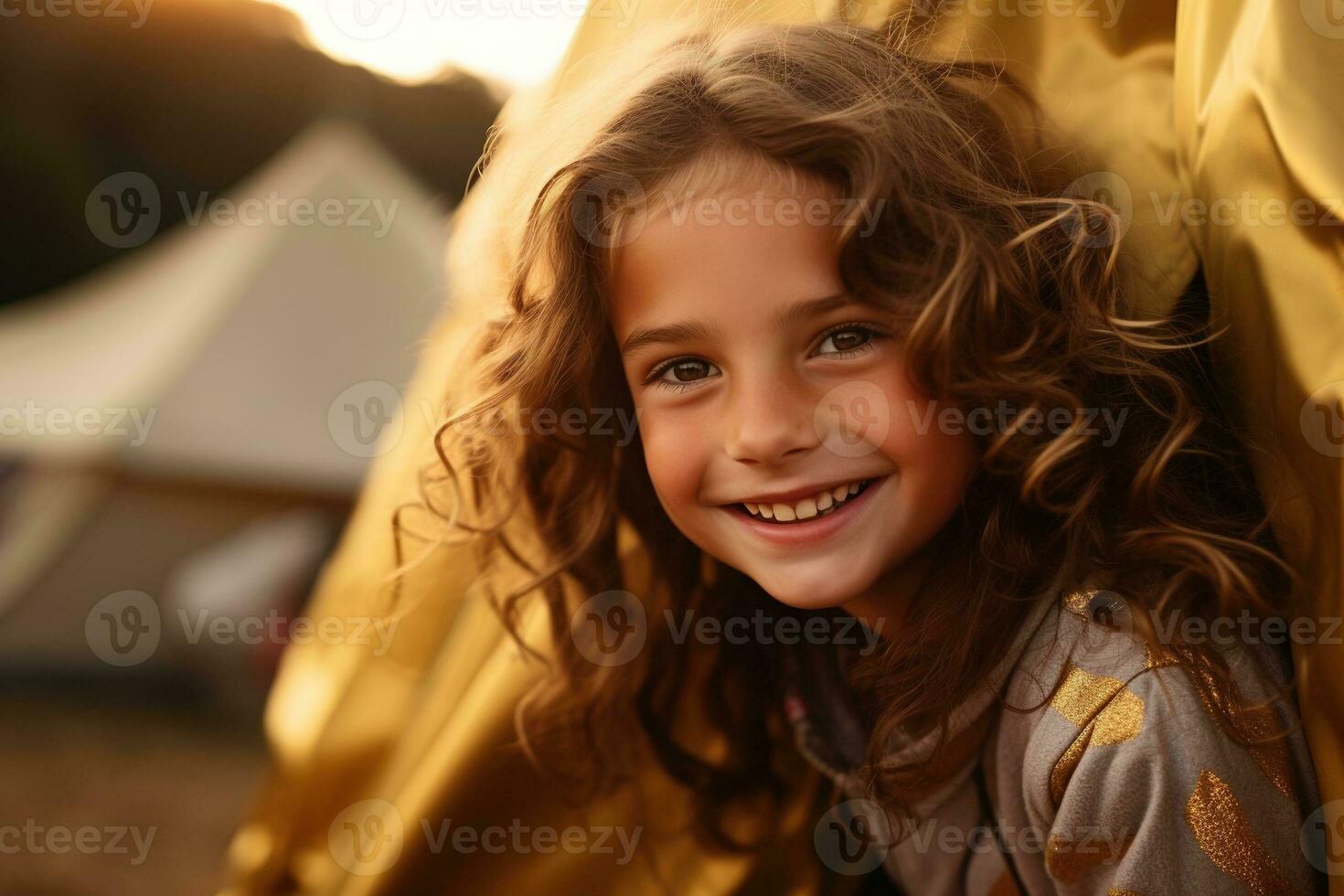 Portrait of cute little girl at camera while standing near camping tent at sunset AI generated photo