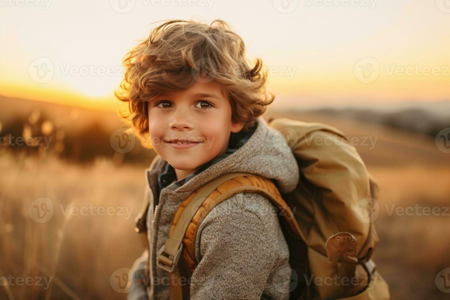 Portrait of a cute boy looking at camera while near his tent in nature AI generated photo