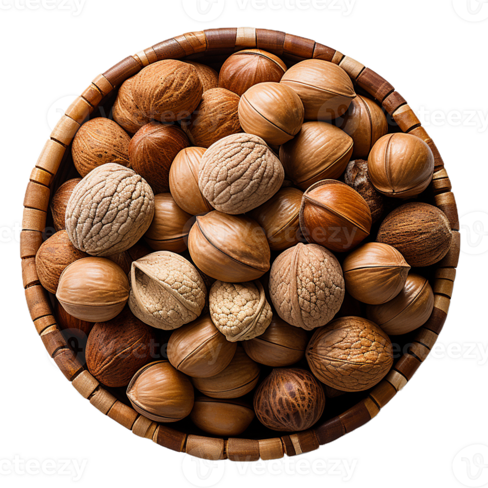 AI Generative nuts in wicker basket  on transparent background  AI generative png
