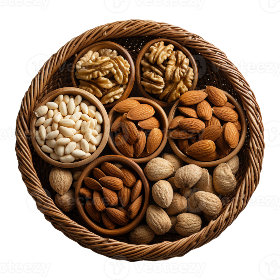 AI Generative nuts in wicker basket  on transparent background  AI generative png