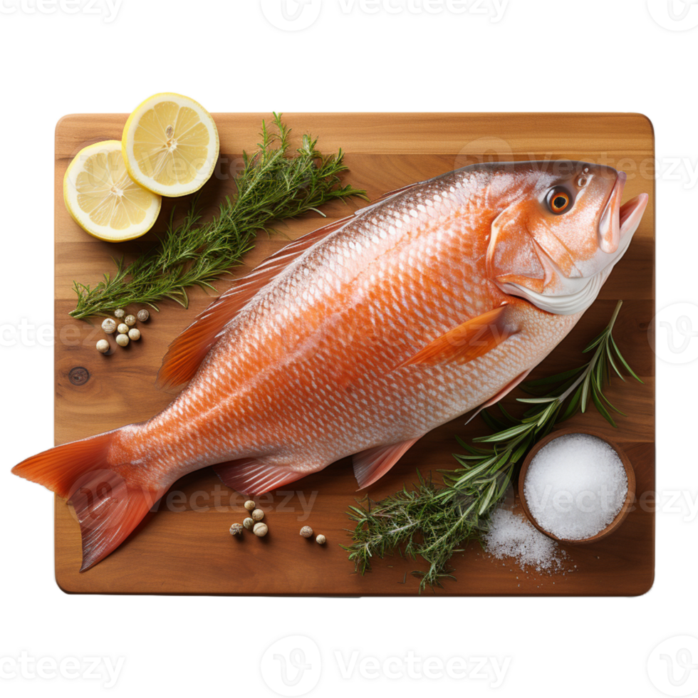 AI Generative fish on cutting wooden board  on transparent background , AI generative png
