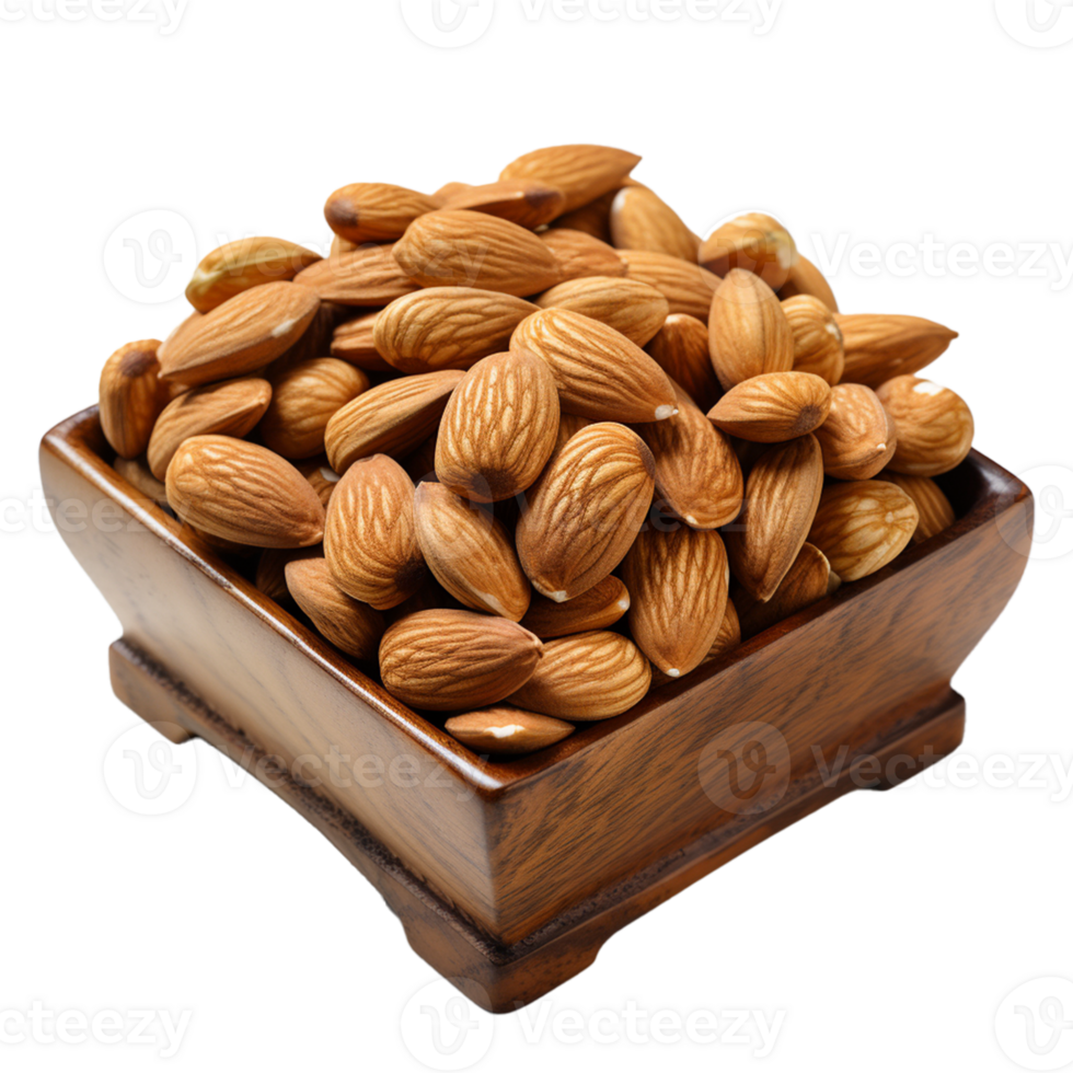 AI Generative Almond Nuts in Square Wooden Bowl on transparent background , AI generative png