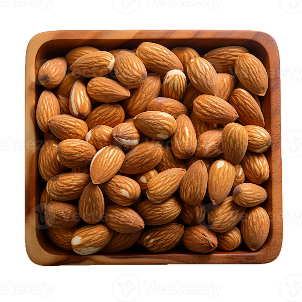 AI Generative Almond Nuts in Square Wooden Bowl on transparent background , AI generative png
