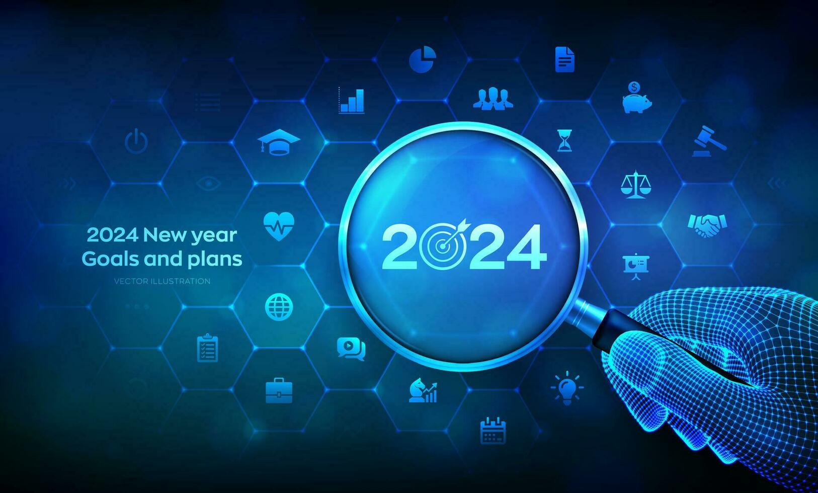 2024 New year Goals and plans. Business plan and strategies. Goal acheiveement and success in 2024 concept with magnifier in wireframe hand and icons. Resolutions, plan, action, checklist. Vector. vector