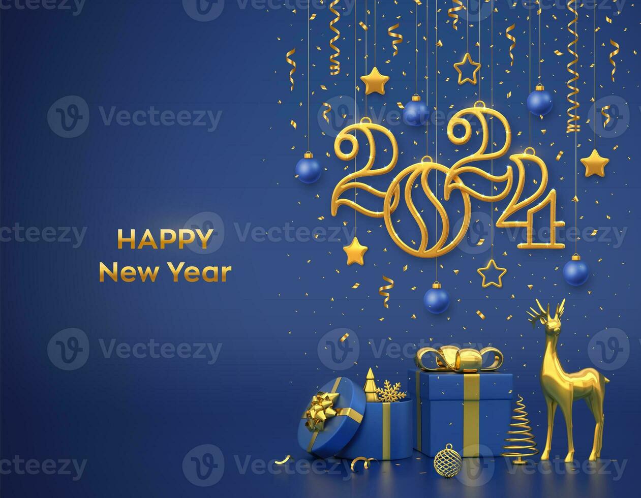 Happy New 2024 Year. Hanging golden metallic numbers 2024 with stars, balls, confetti on blue background. Gift boxes, gold deer and metallic pine or fir, cone shape spruce trees. Vector illustration. photo