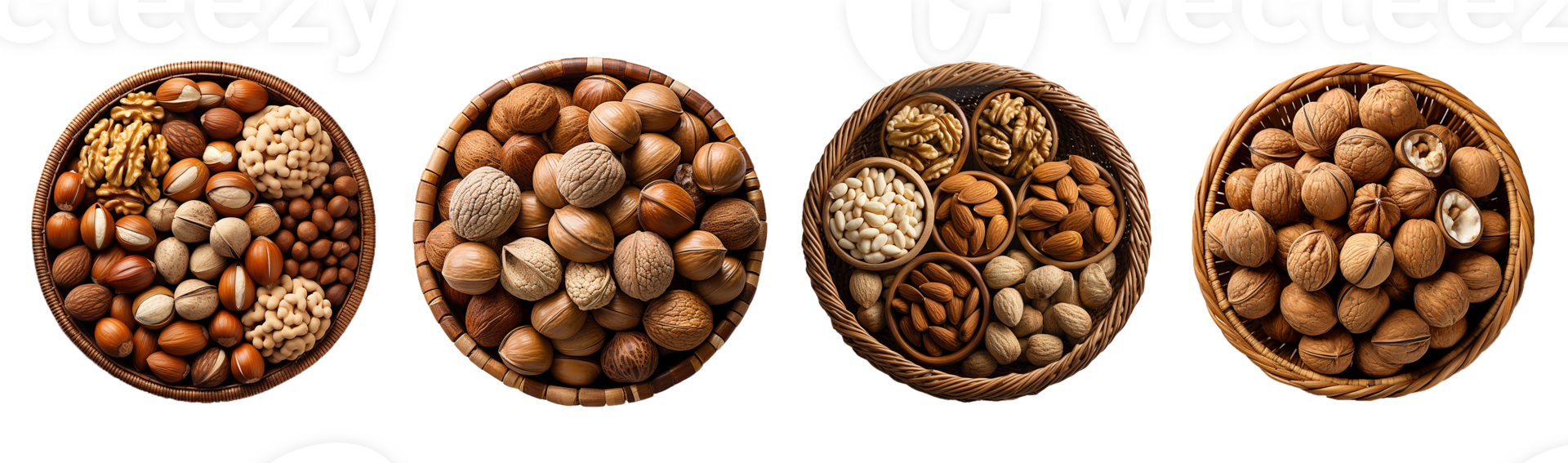 AI Generative set of nuts in wicker basket  on transparent background  AI generative png