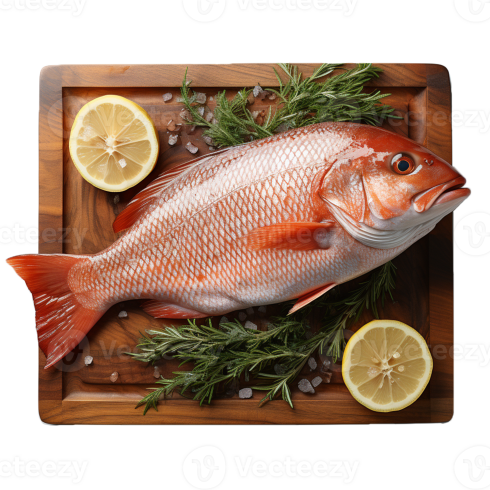 AI Generative fish on cutting wooden board  on transparent background , AI generative png